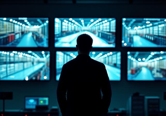 Security monitoring room with multiple digital screens
