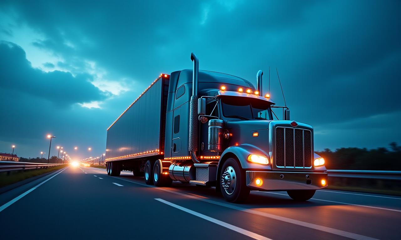 Heavy duty freight truck on a modern highway at twilight