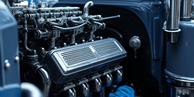 Close up of a polished truck engine and chrome details