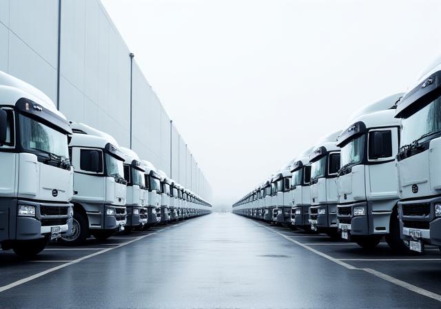 Fleet of white semi trucks in a row