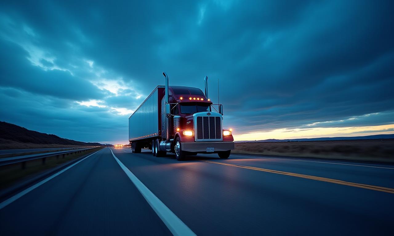 Heavy duty truck on the open highway at dusk